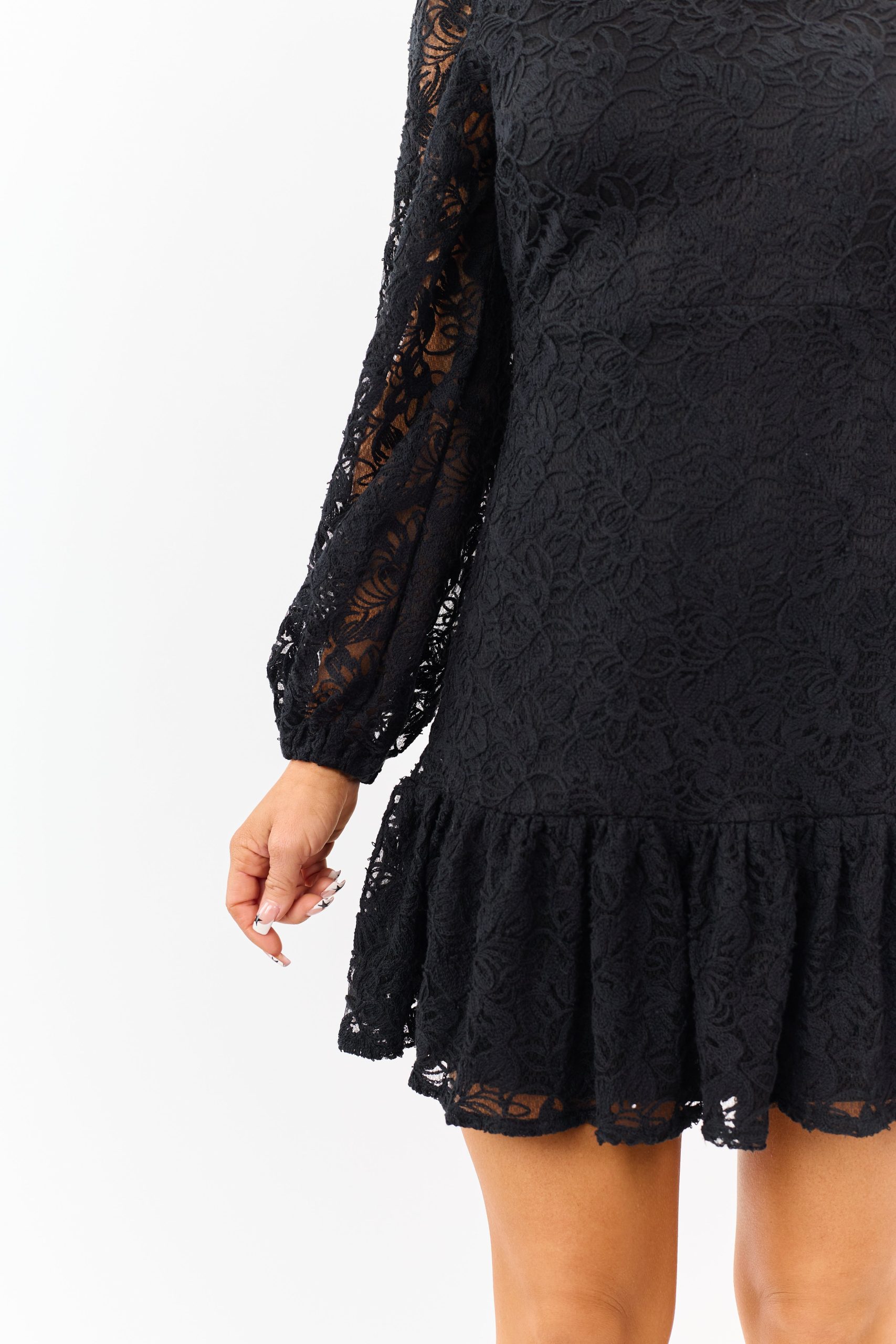 Black Floral Lace Long Sleeve Ruffle Hem Mini Dress - Image 7