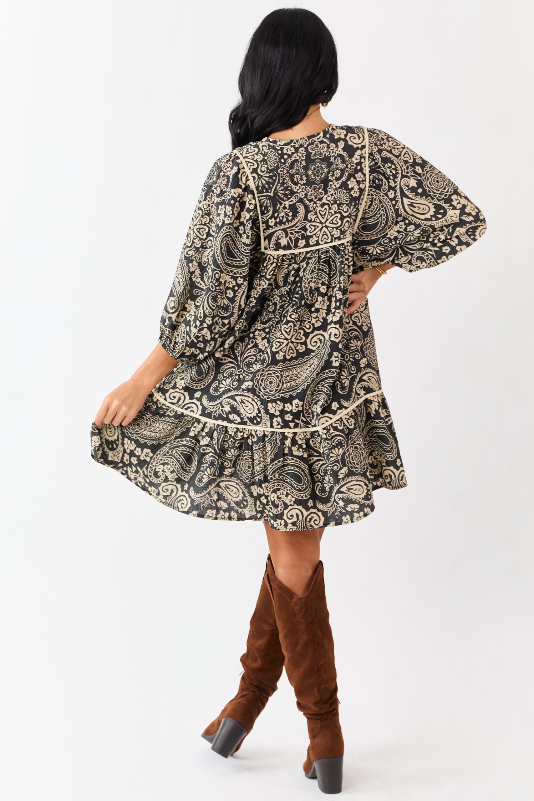 Black Paisley Print Puff Sleeve Smocked Mini Dress - Image 5