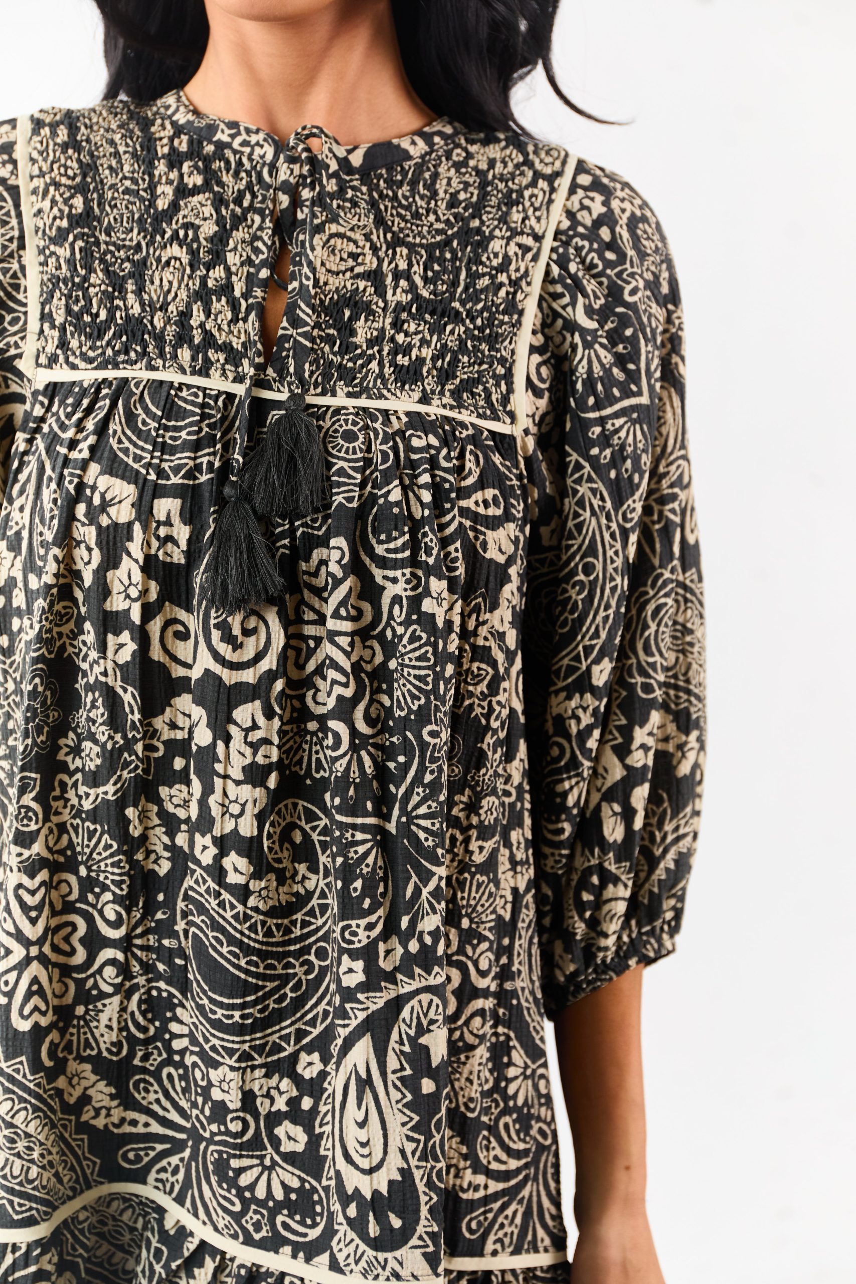 Black Paisley Print Puff Sleeve Smocked Mini Dress - Image 6