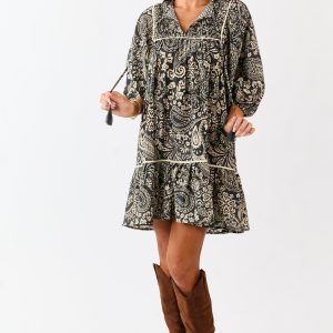Black Paisley Print Puff Sleeve Smocked Mini Dress
