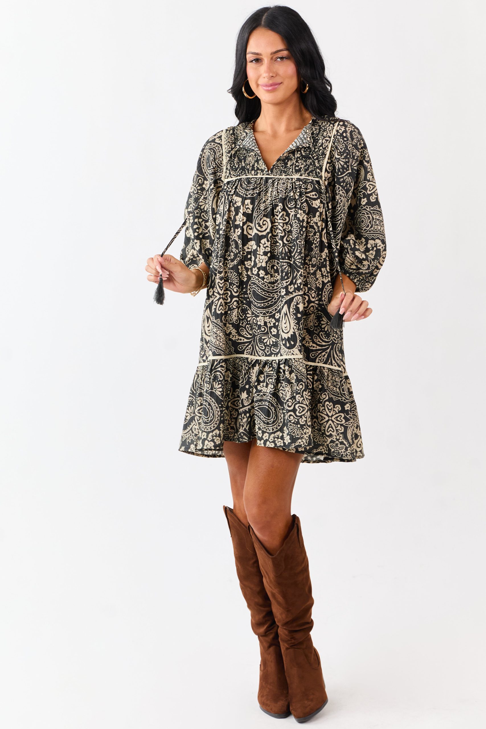 Black Paisley Print Puff Sleeve Smocked Mini Dress
