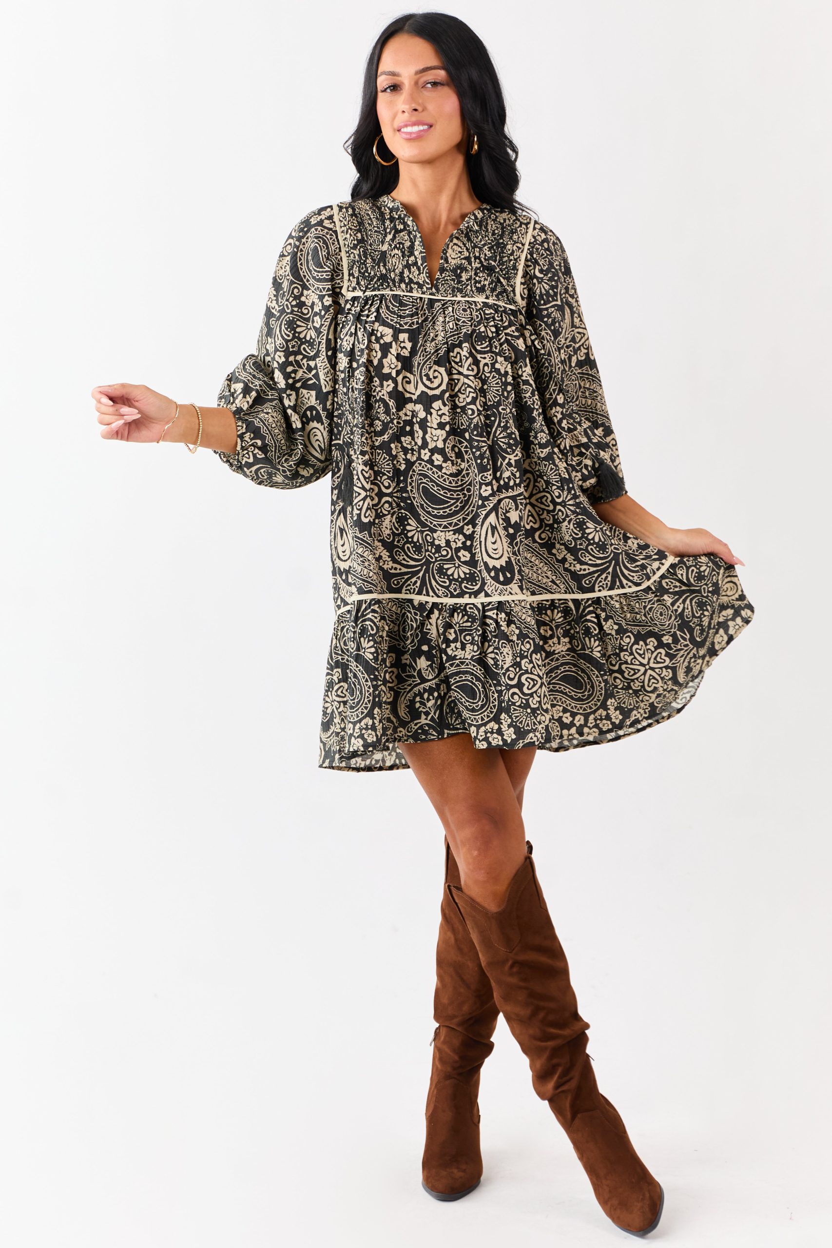 Black Paisley Print Puff Sleeve Smocked Mini Dress - Image 2