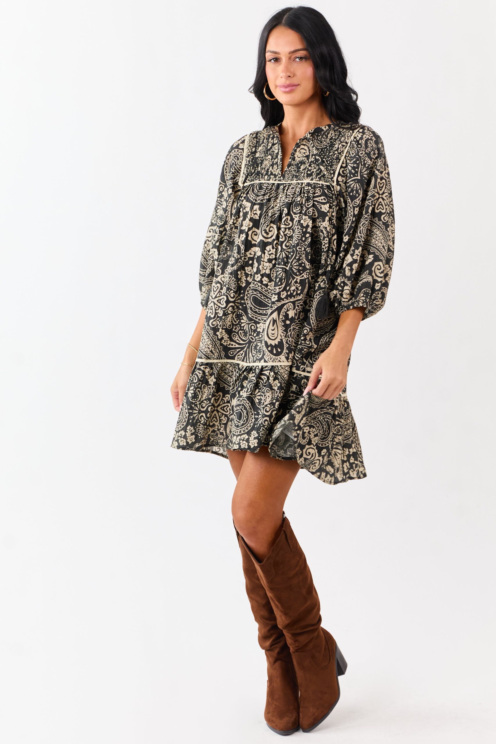 Black Paisley Print Puff Sleeve Smocked Mini Dress - Image 3