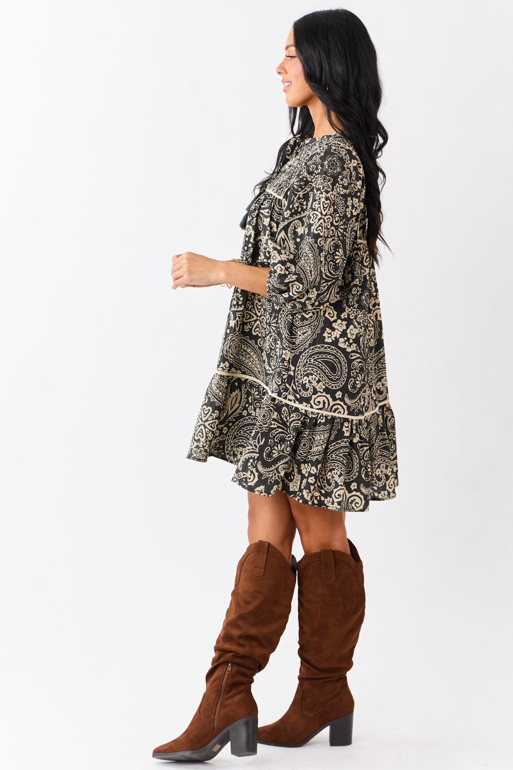 Black Paisley Print Puff Sleeve Smocked Mini Dress - Image 4