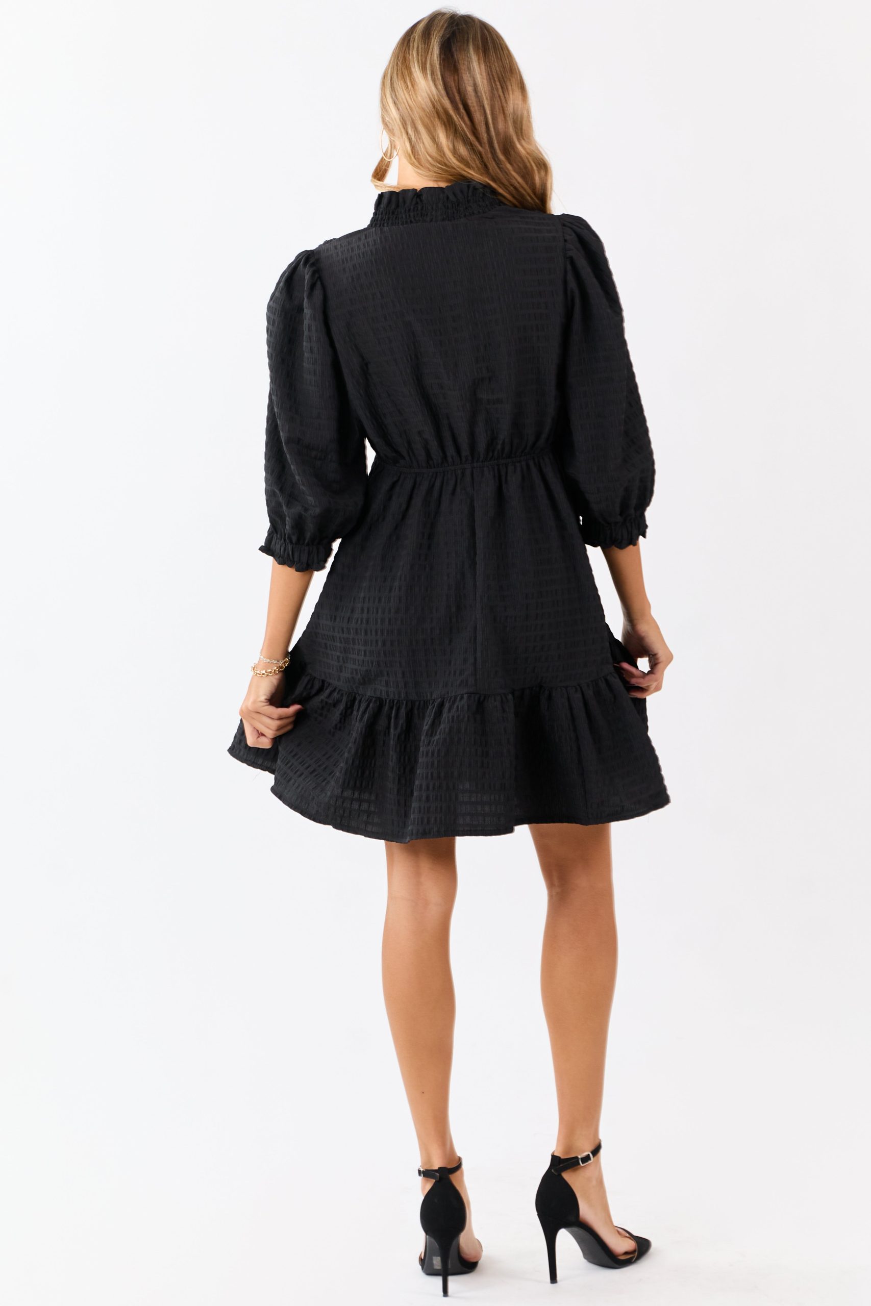 Black Surplice Neck 3/4 Bubble Sleeve Mini Dress - Image 5