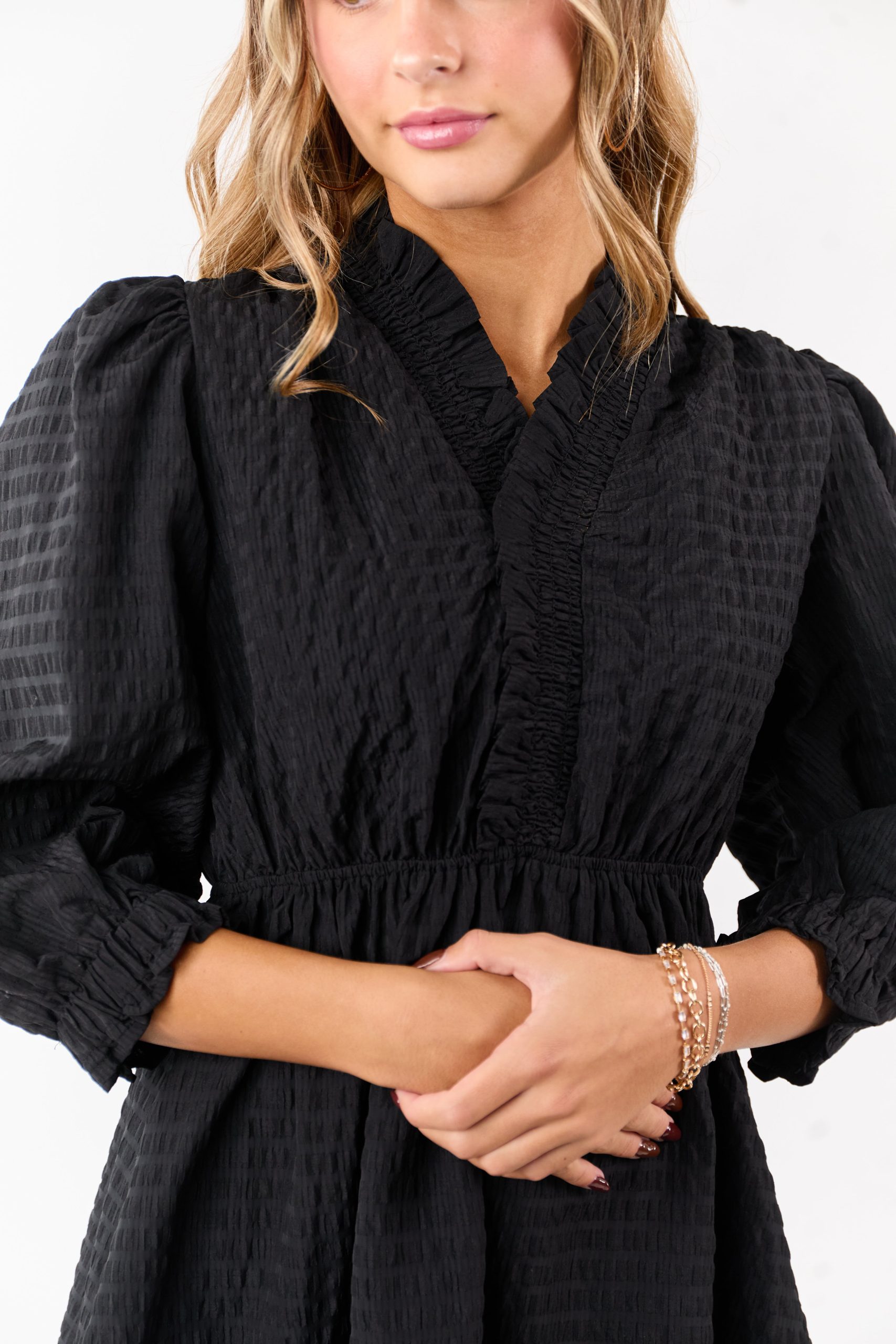 Black Surplice Neck 3/4 Bubble Sleeve Mini Dress - Image 6