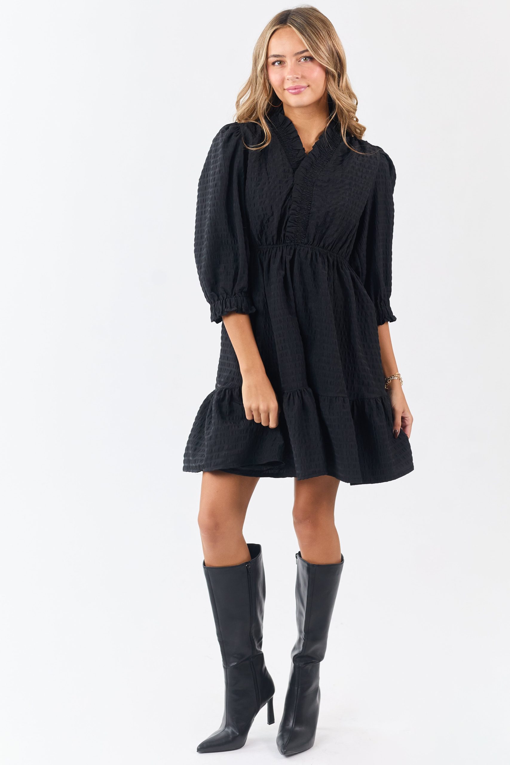 Black Surplice Neck 3/4 Bubble Sleeve Mini Dress - Image 2