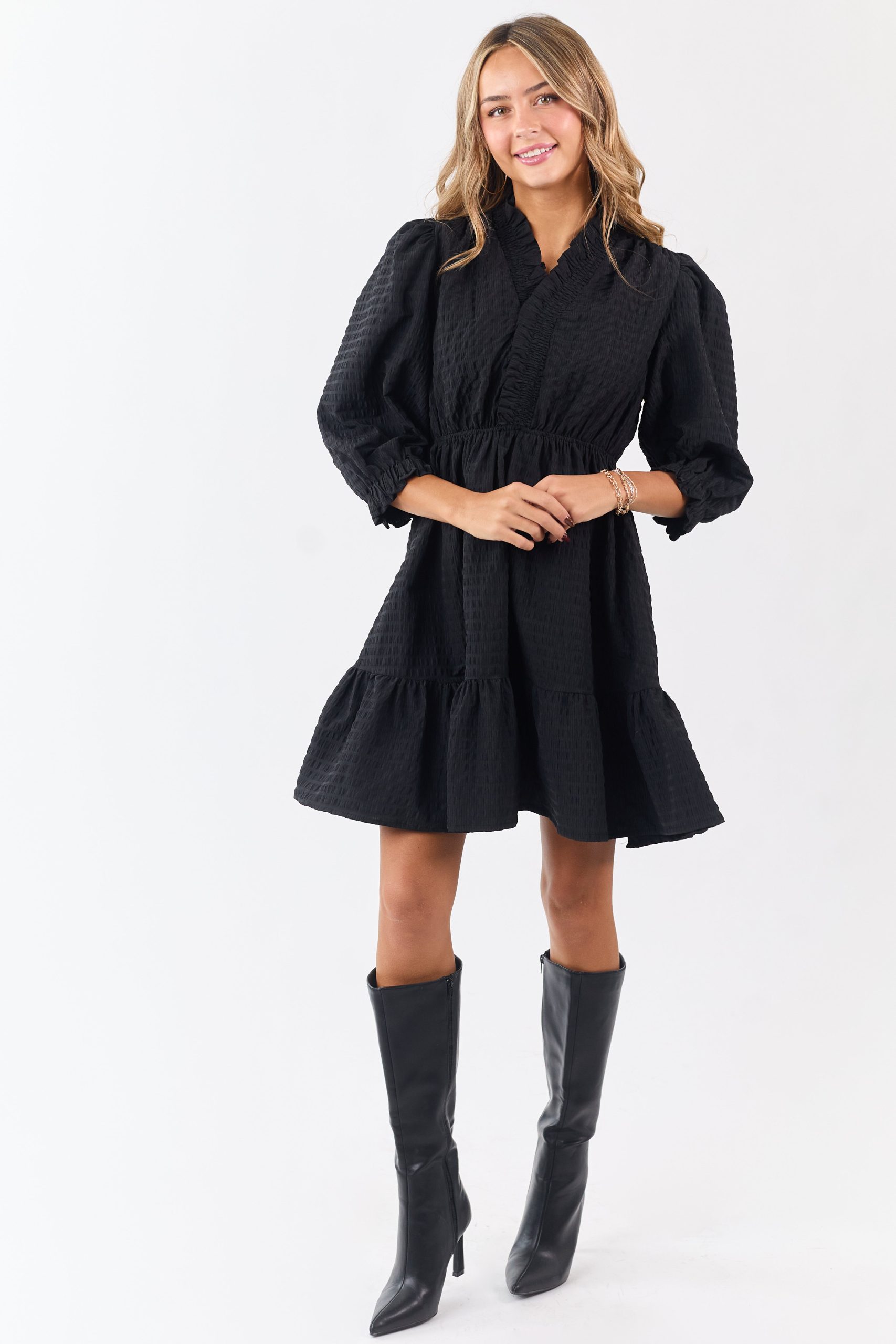 Black Surplice Neck 3/4 Bubble Sleeve Mini Dress - Image 3