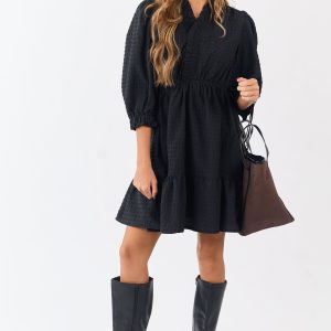 Black Surplice Neck 3/4 Bubble Sleeve Mini Dress