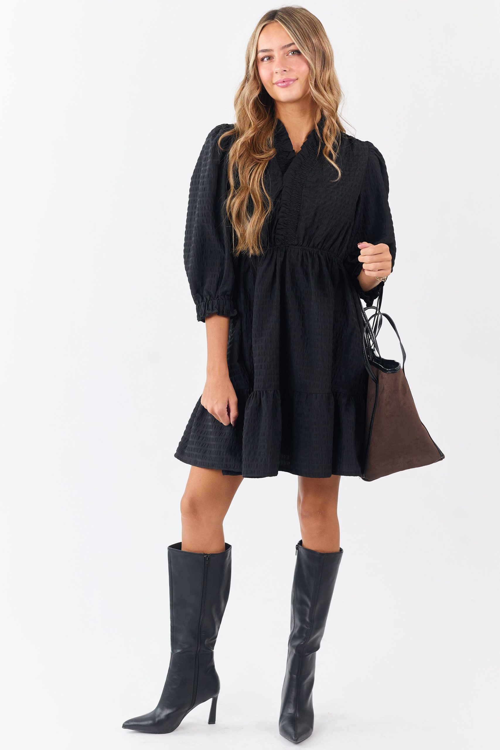 Black Surplice Neck 3/4 Bubble Sleeve Mini Dress