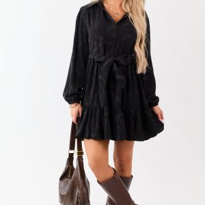 Black Textured Jacquard Leaf Collared Mini Dress