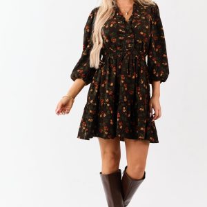 Cocoa Floral Print Ruffle Neckline Corduroy Mini Dress