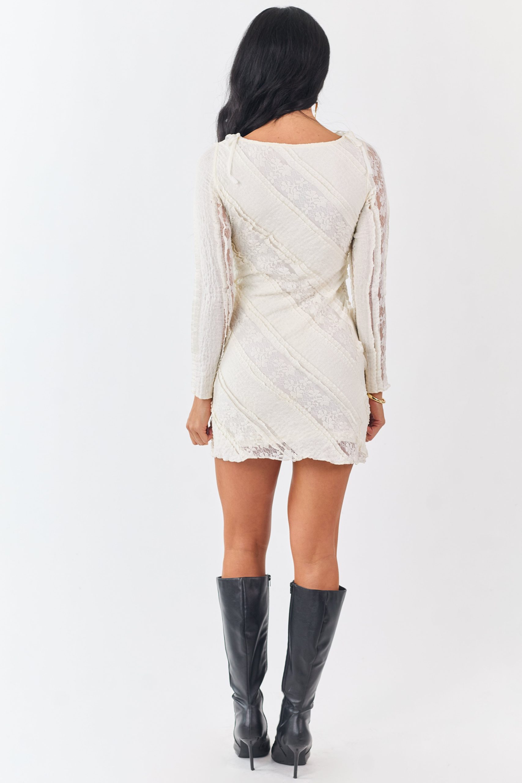 Cream Floral Lace Long Sleeve Mini Dress - Image 7