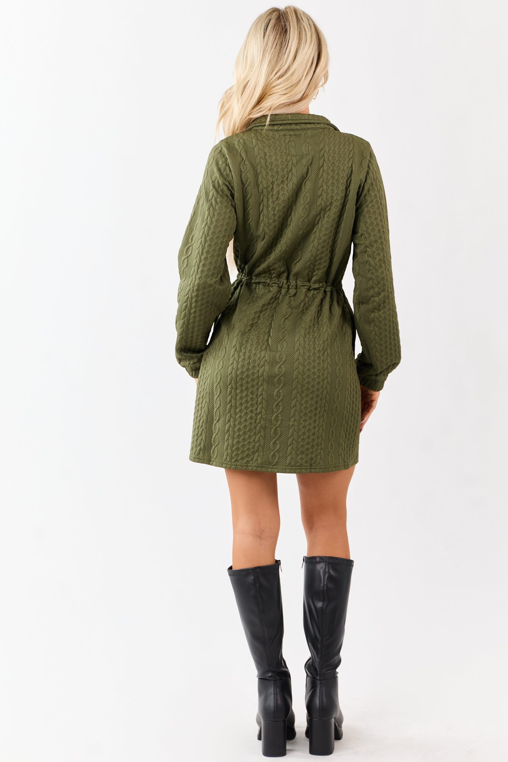 Dark Olive Cable Knit Quarter Zip Mini Dress - Image 5