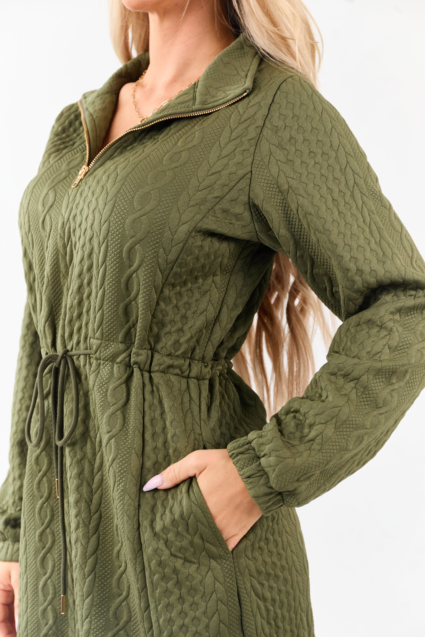 Dark Olive Cable Knit Quarter Zip Mini Dress - Image 6