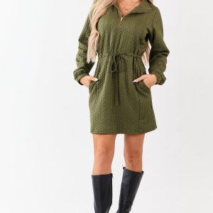Dark Olive Cable Knit Quarter Zip Mini Dress