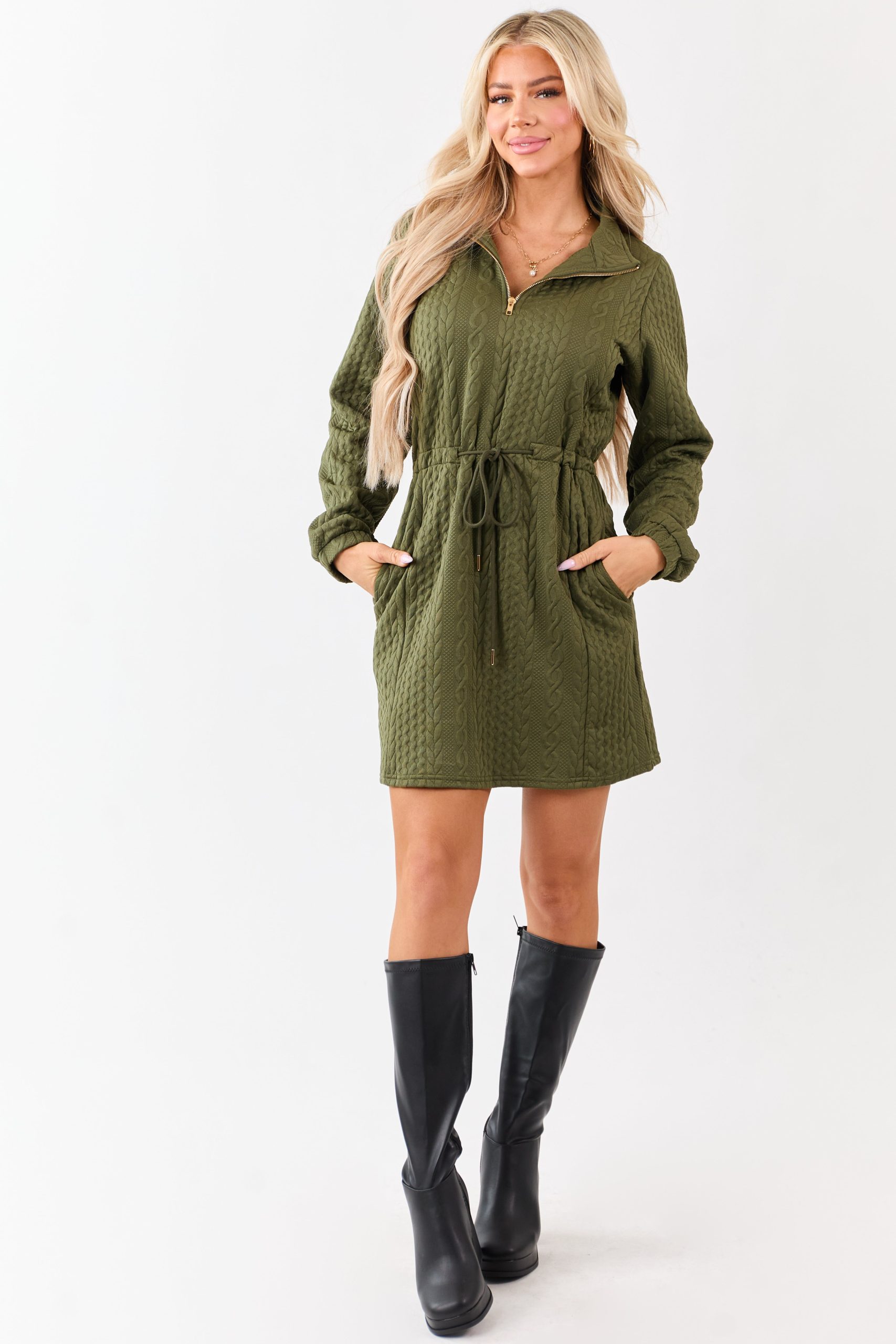 Dark Olive Cable Knit Quarter Zip Mini Dress
