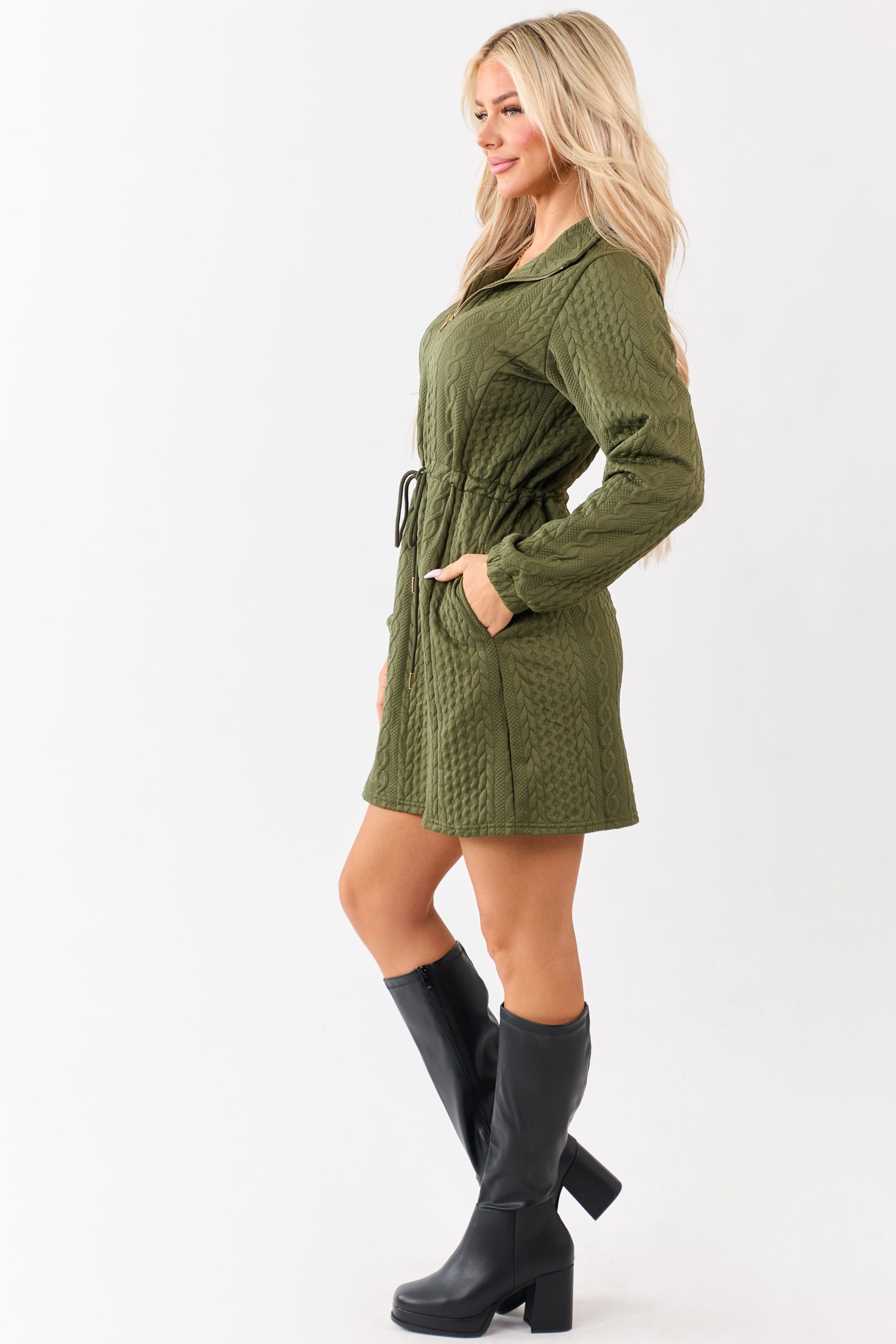 Dark Olive Cable Knit Quarter Zip Mini Dress - Image 4