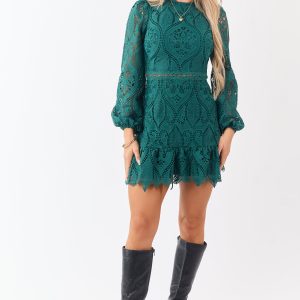 Dark Pine Long Puff Sleeve Lace Mini Dress