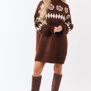 Dark Sepia Multi Print Mock Neck Mini Sweater Dress