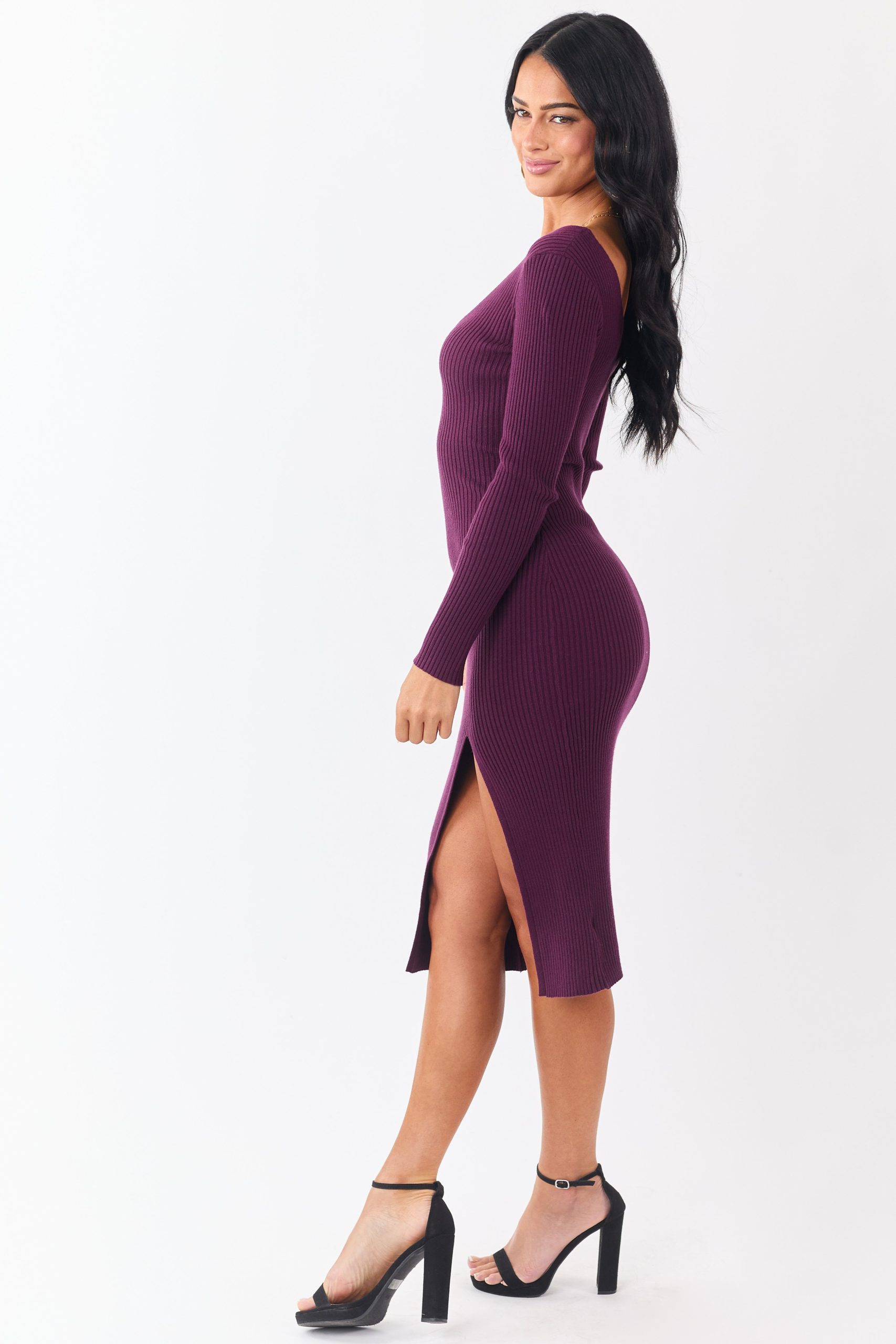 Eggplant Front Slit V Neck Bodycon Midi Dress - Image 4