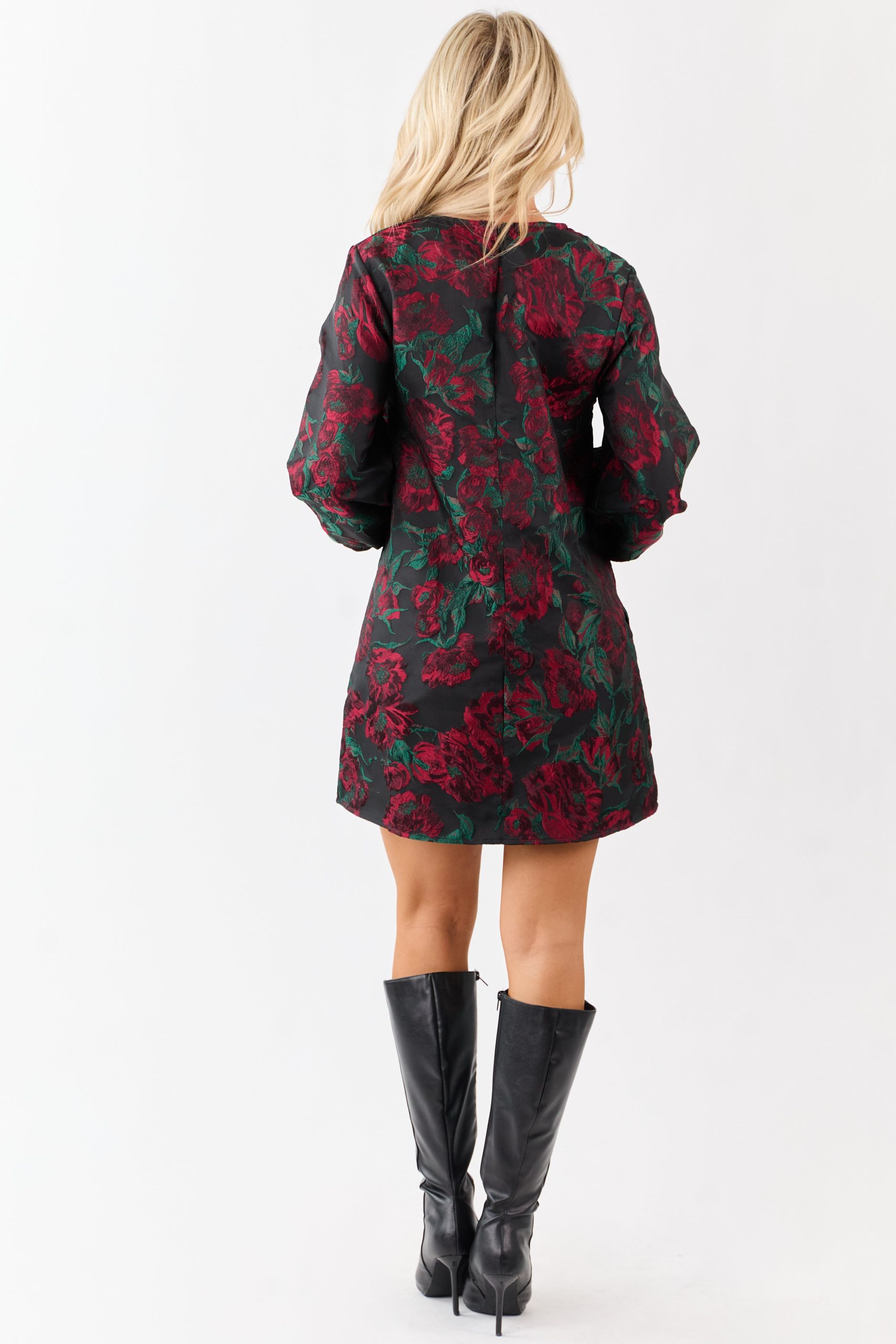 Entro Black Floral Jacquard Puff Sleeve Mini Dress - Image 5