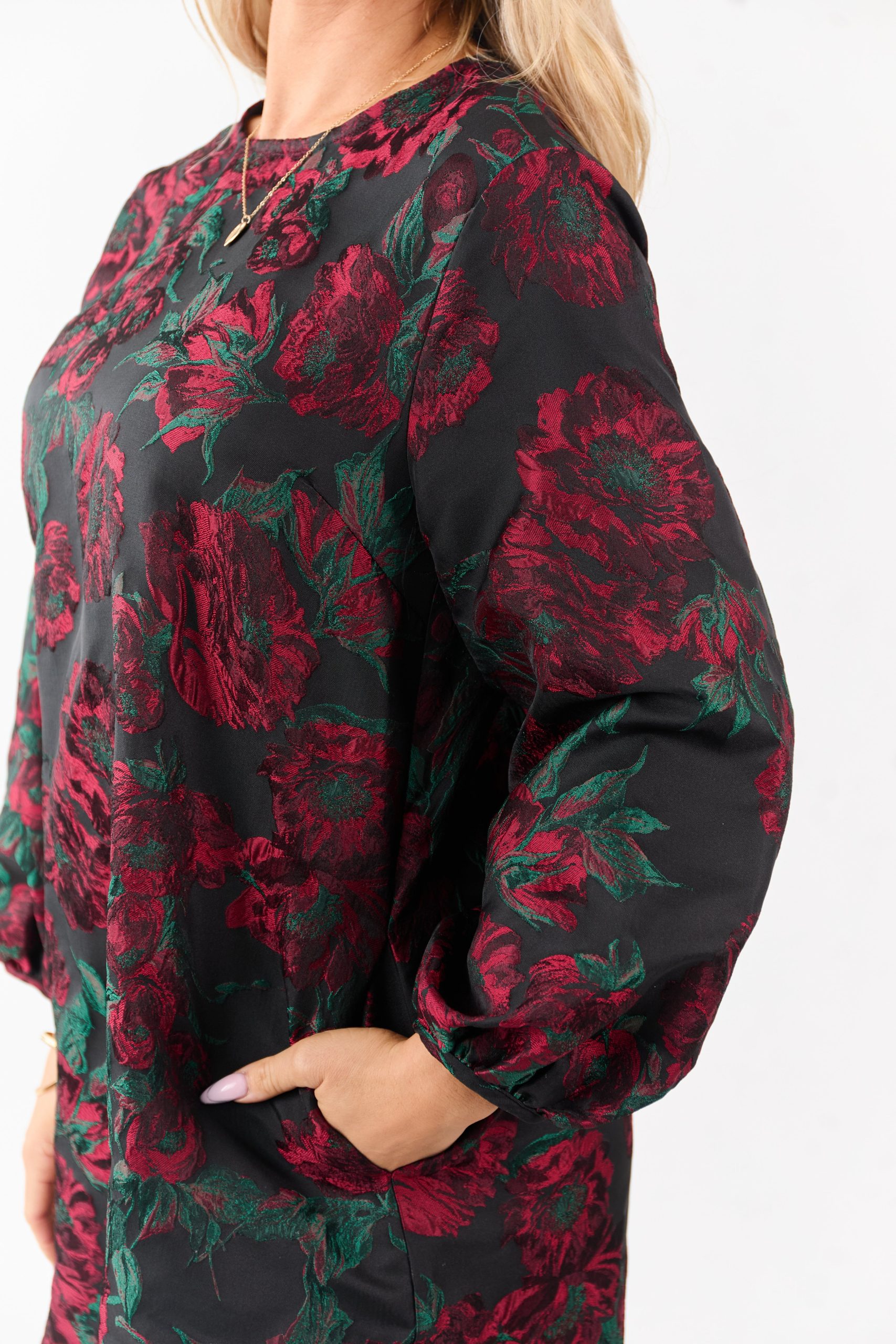 Entro Black Floral Jacquard Puff Sleeve Mini Dress - Image 6