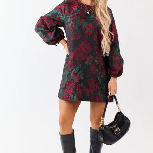 Entro Black Floral Jacquard Puff Sleeve Mini Dress