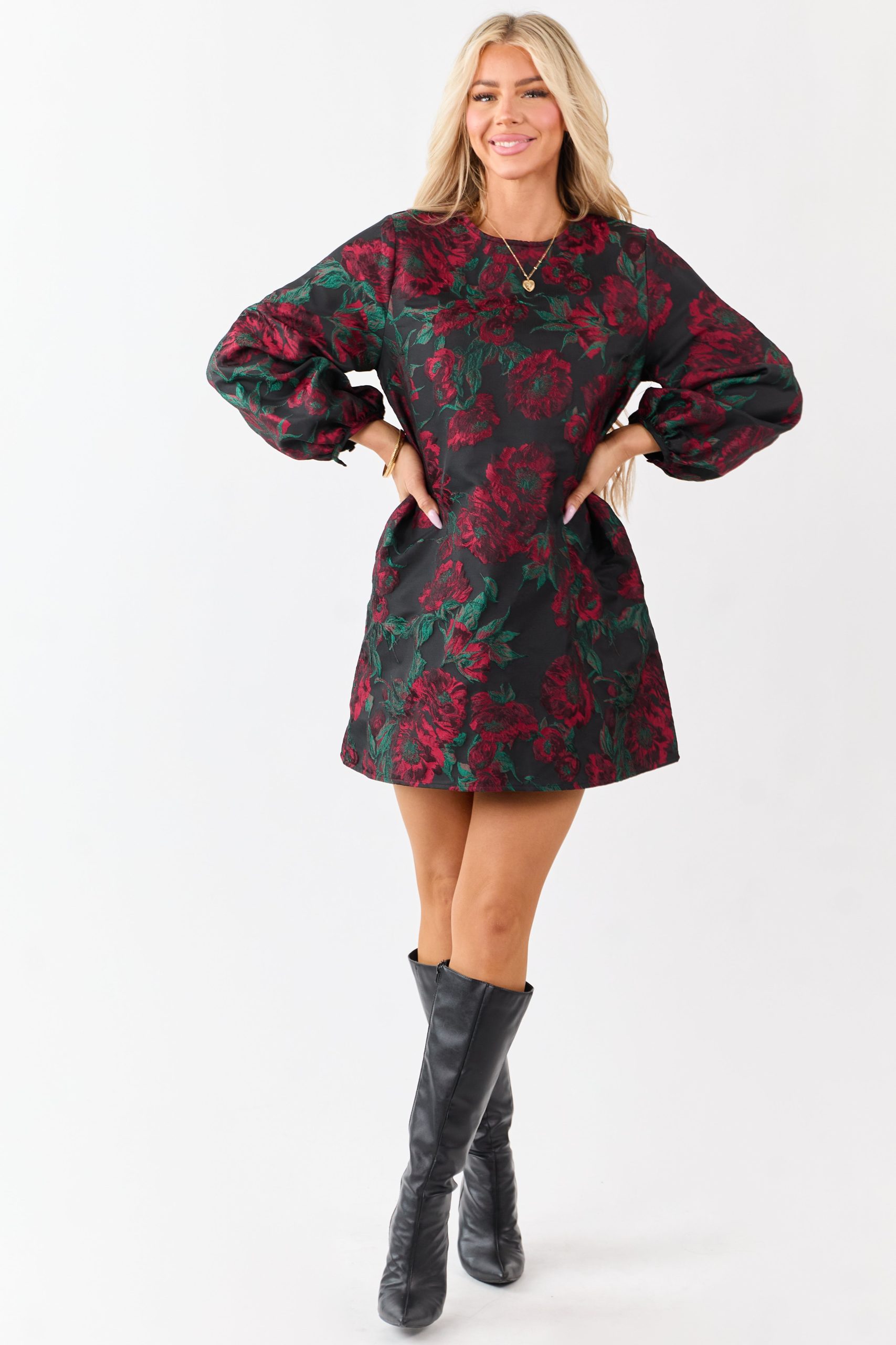 Entro Black Floral Jacquard Puff Sleeve Mini Dress - Image 3