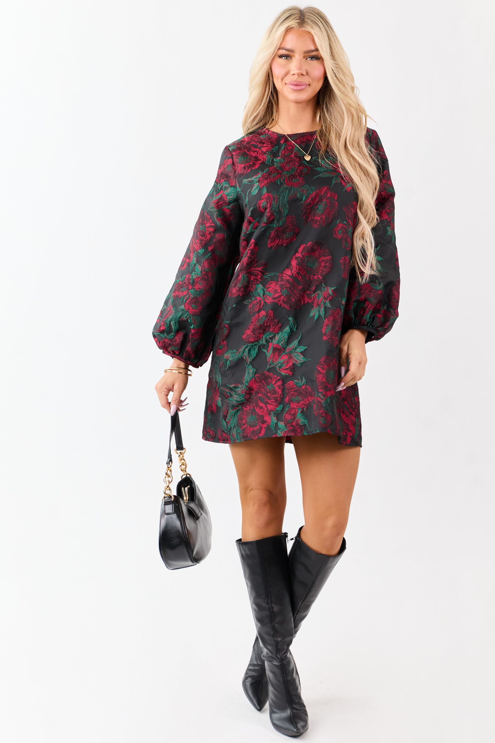 Entro Black Floral Jacquard Puff Sleeve Mini Dress - Image 2