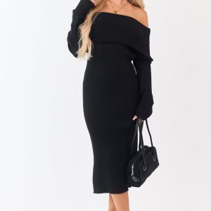 Entro Black Ribbed Knit Off Shoulder Midi Dress