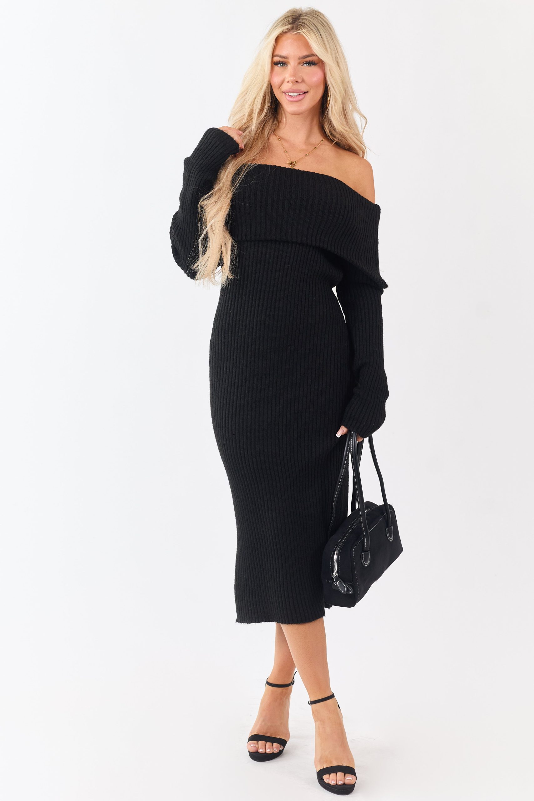Entro Black Ribbed Knit Off Shoulder Midi Dress