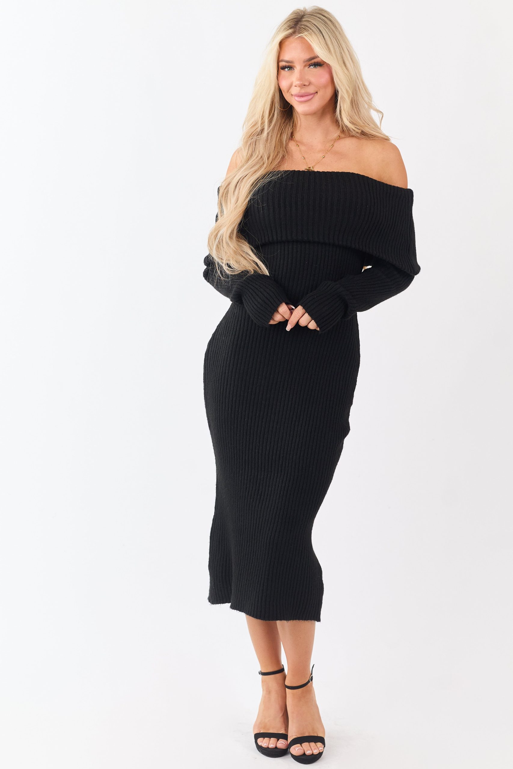 Entro Black Ribbed Knit Off Shoulder Midi Dress - Image 3