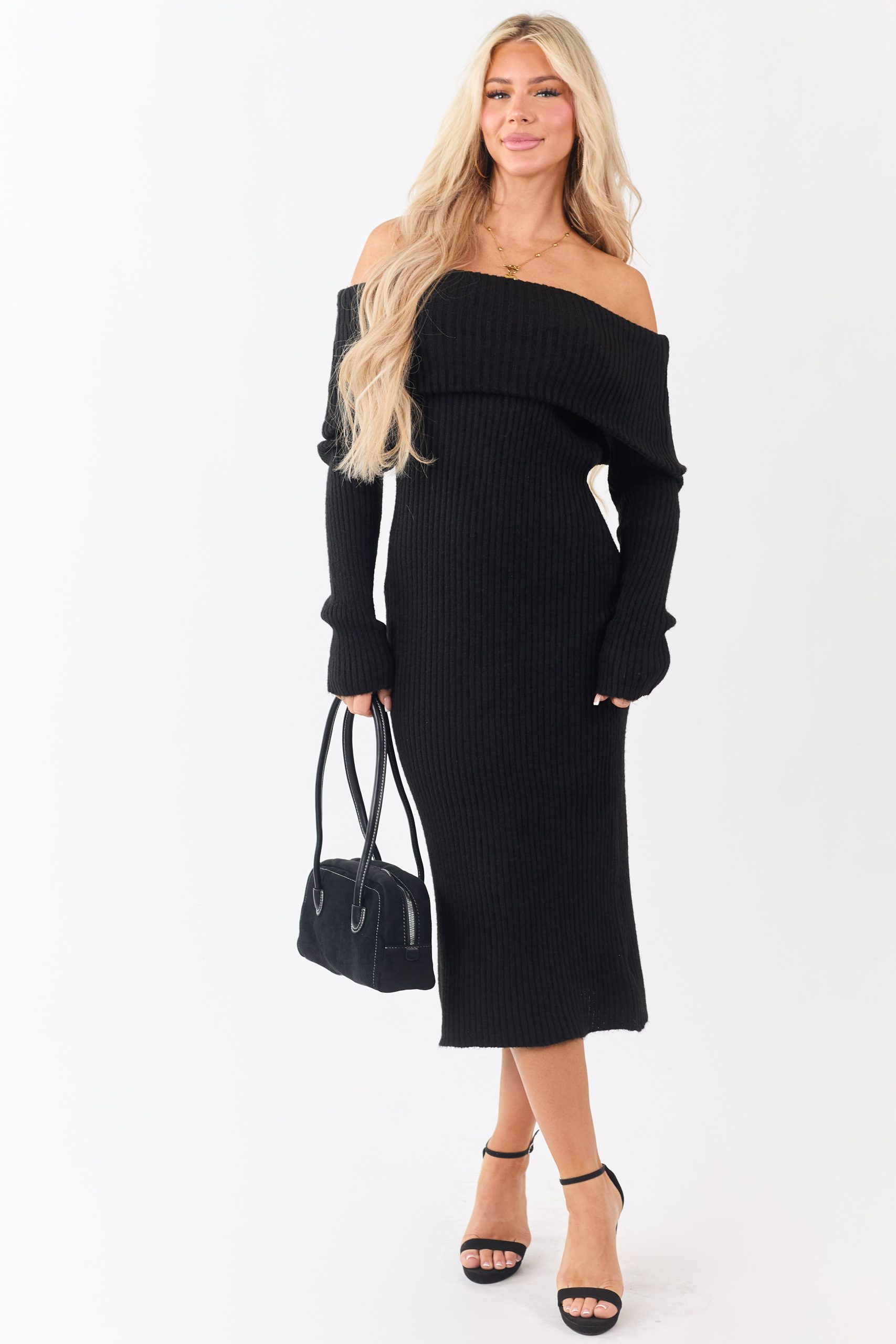 Entro Black Ribbed Knit Off Shoulder Midi Dress - Image 2