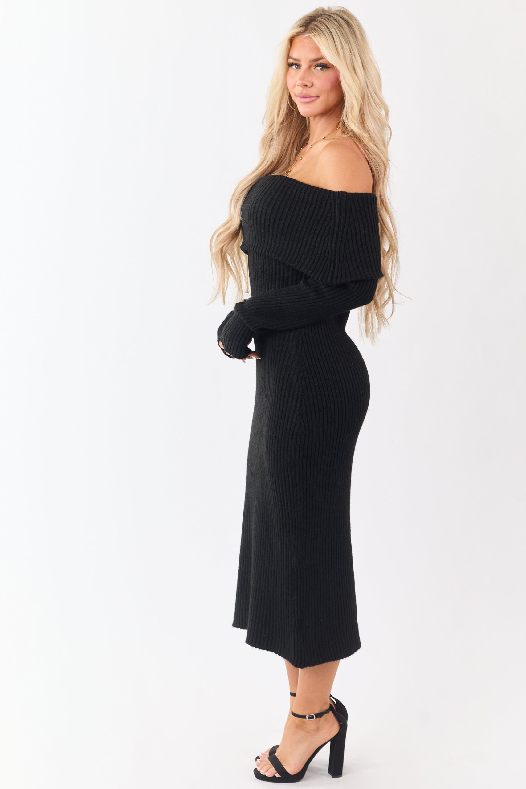 Entro Black Ribbed Knit Off Shoulder Midi Dress - Image 4