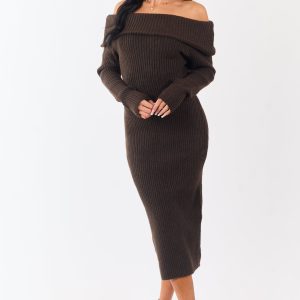 Entro Cocoa Ribbed Knit Off Shoulder Midi Dress