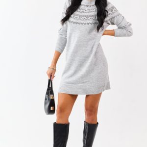 Heather Grey Fair Isle Rhinestone Sweater Short Dress
