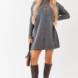 Heathered Charcoal Mock Neck Mini Sweater Dress