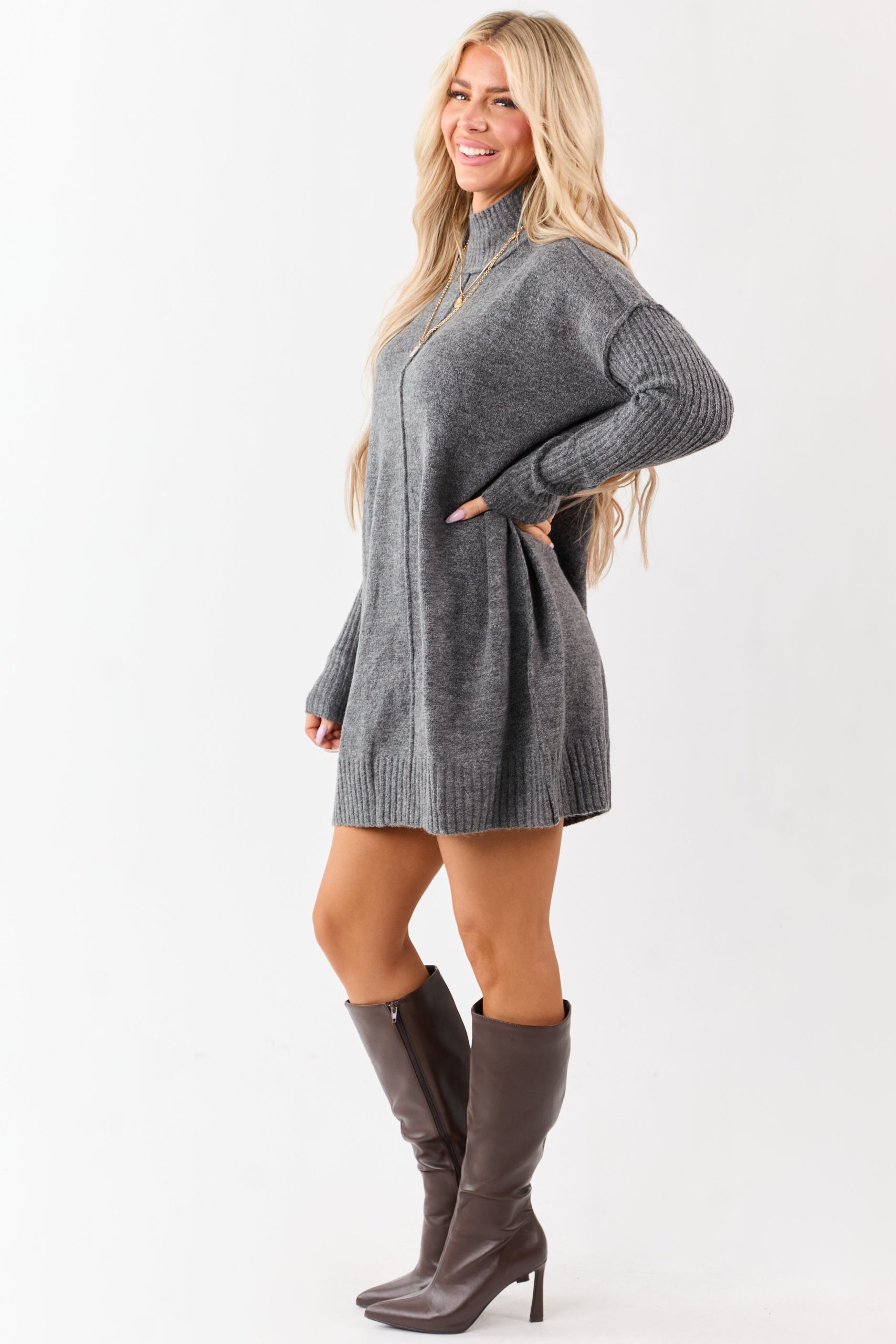 Heathered Charcoal Mock Neck Mini Sweater Dress - Image 4