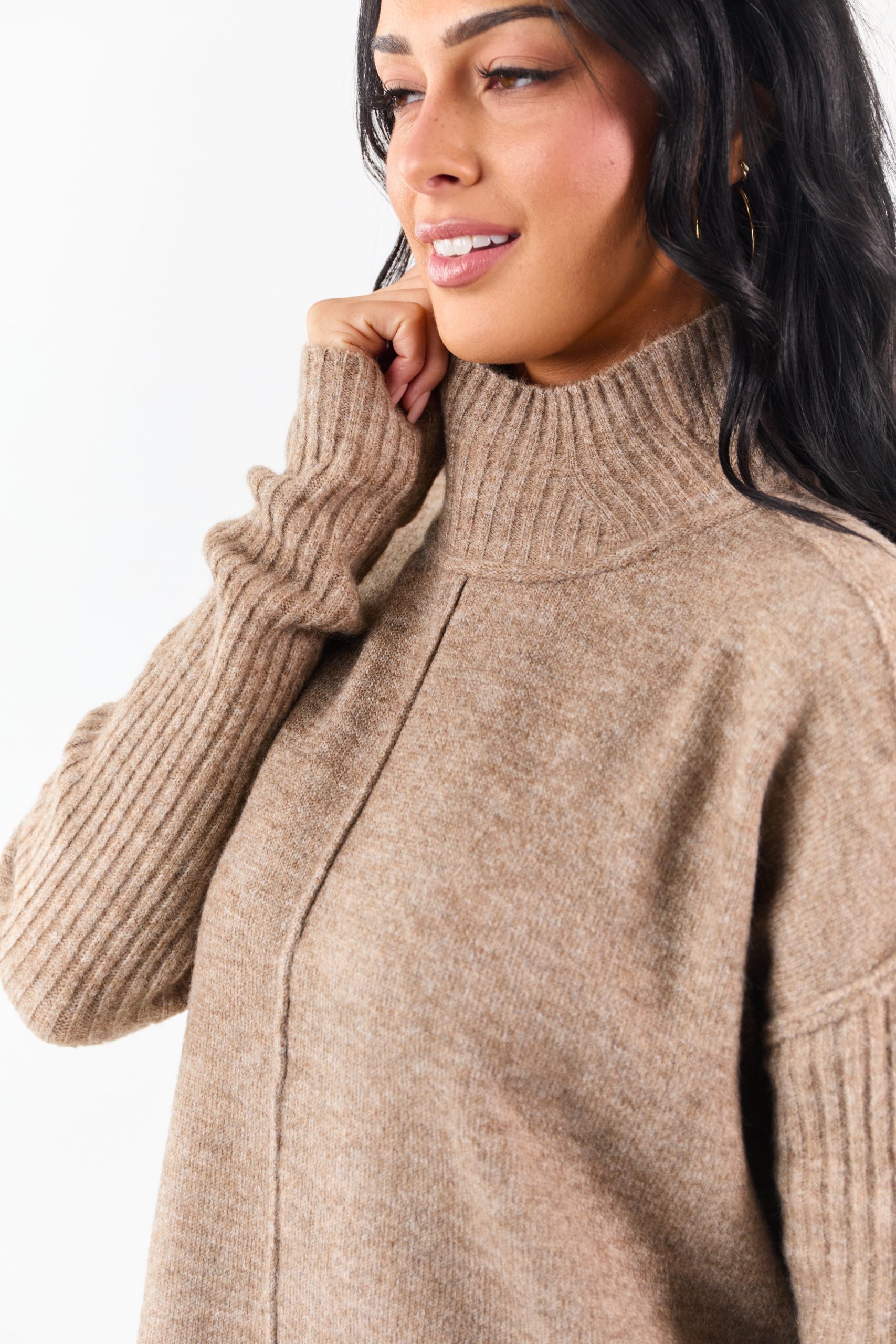 Heathered Coffee Mock Neck Mini Sweater Dress - Image 5