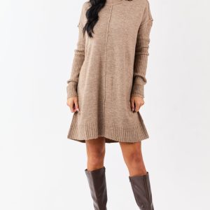 Heathered Coffee Mock Neck Mini Sweater Dress