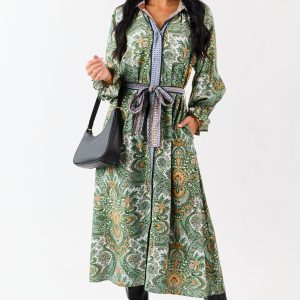 Hunter Green Boho Paisley Button Down Midi Dress