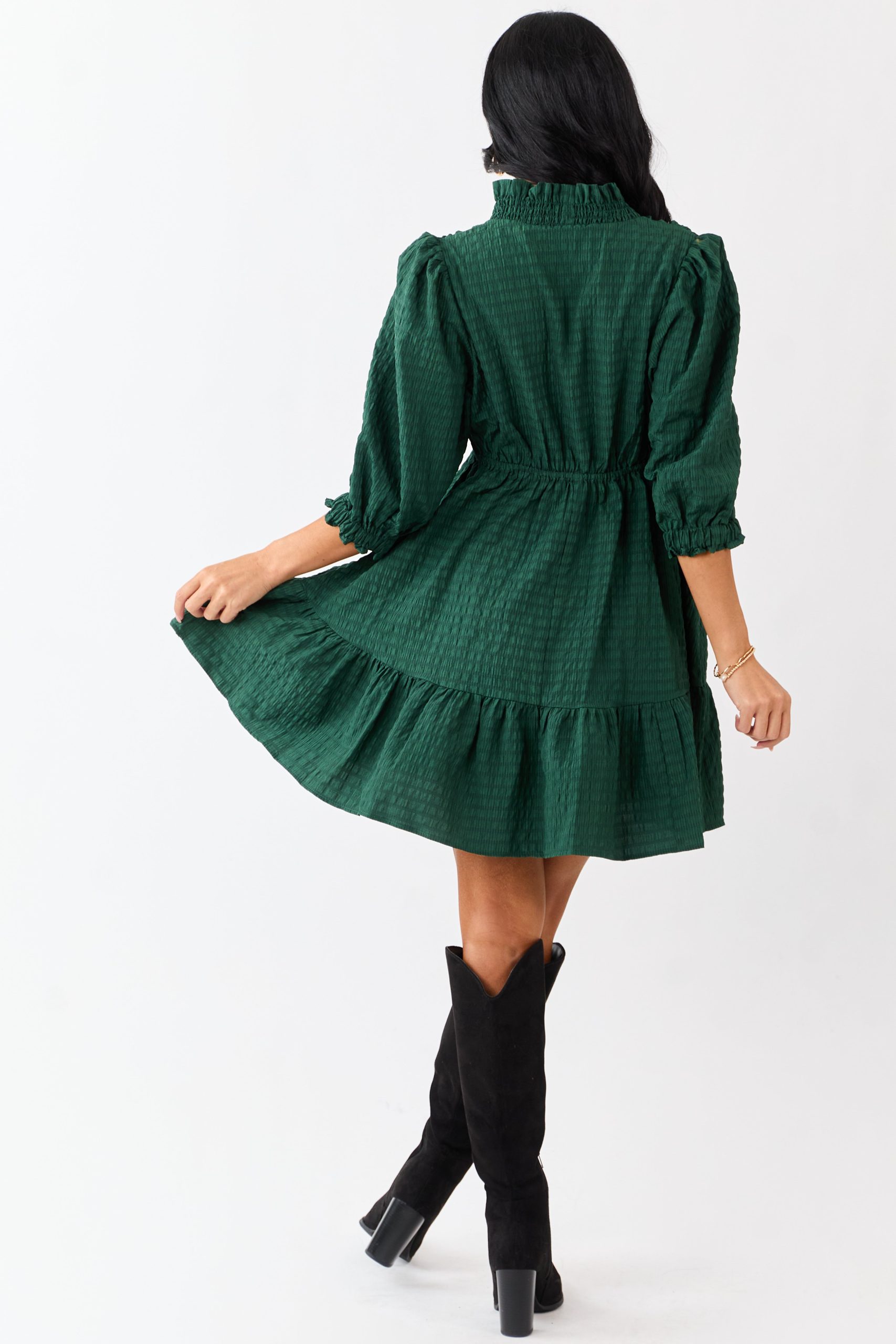 Hunter Green Surplice Neck 3/4 Bubble Sleeve Mini Dress - Image 5