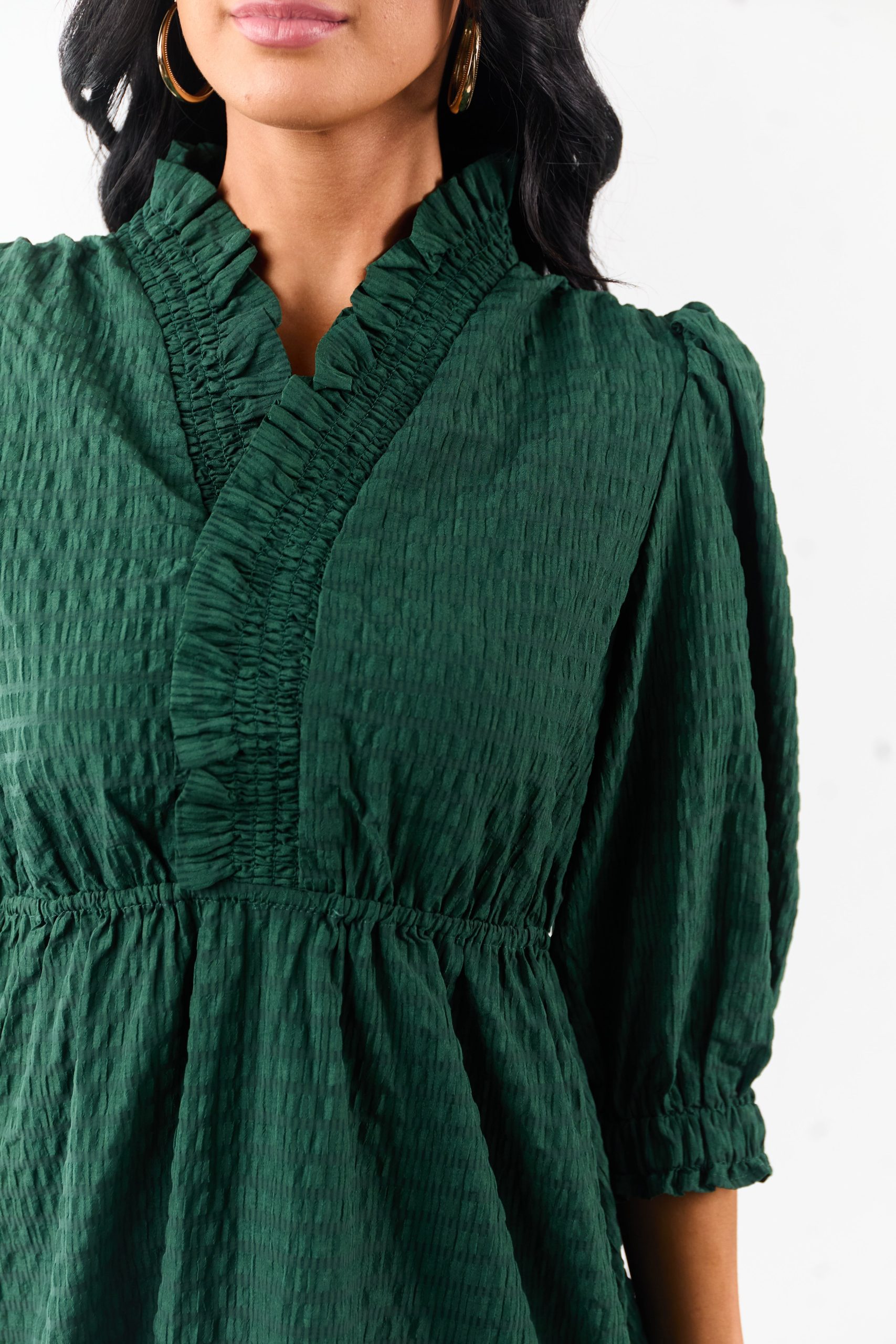 Hunter Green Surplice Neck 3/4 Bubble Sleeve Mini Dress - Image 6