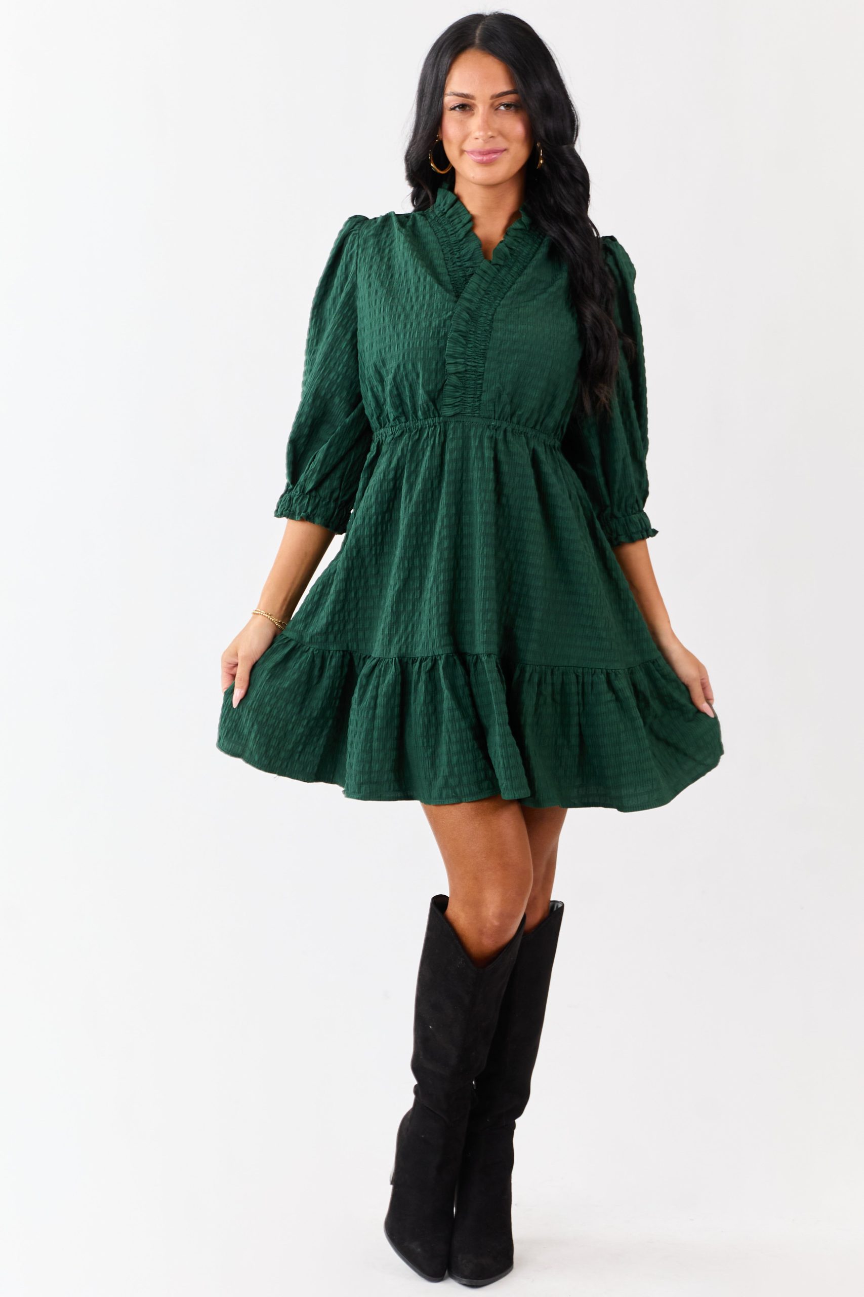 Hunter Green Surplice Neck 3/4 Bubble Sleeve Mini Dress - Image 3