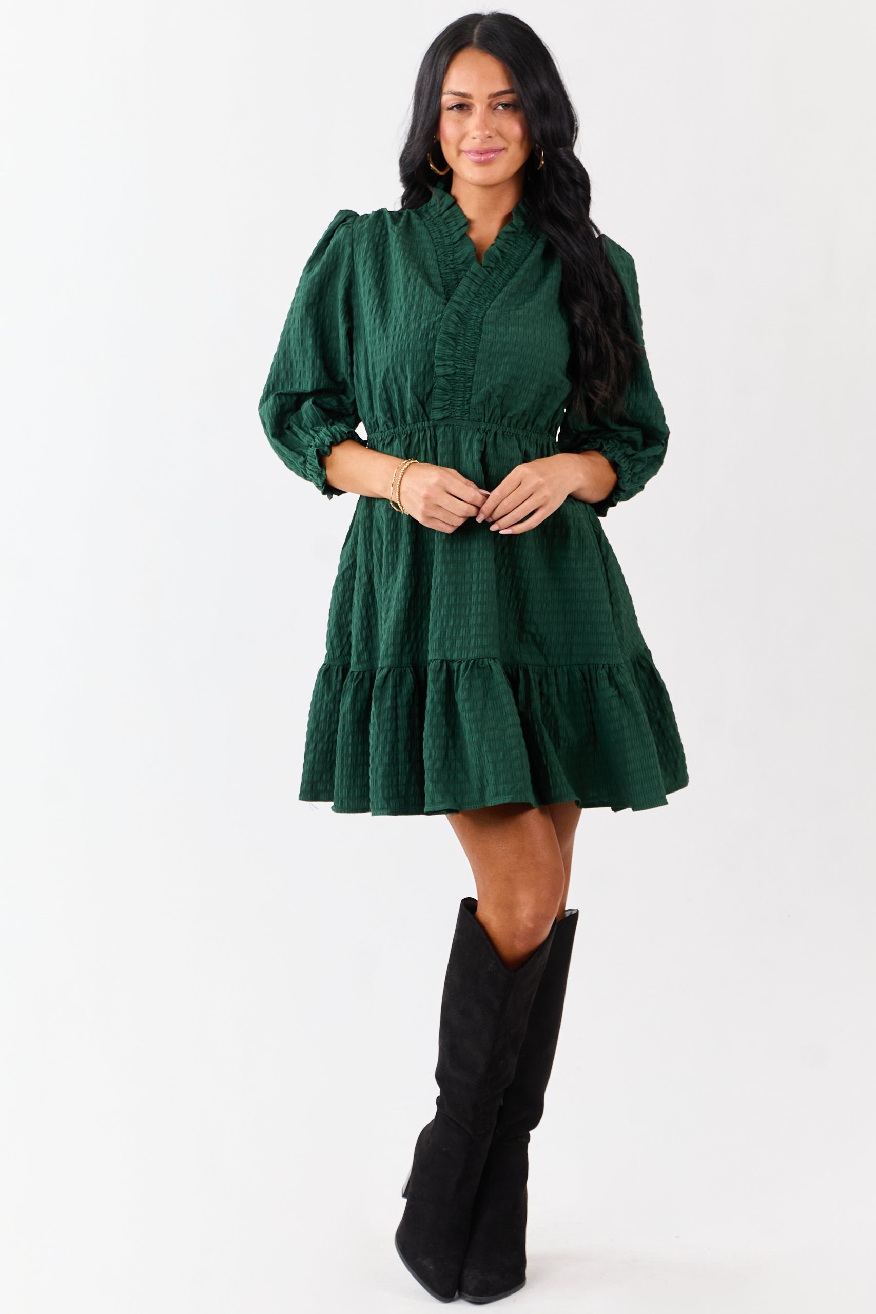 Hunter Green Surplice Neck 3/4 Bubble Sleeve Mini Dress - Image 2