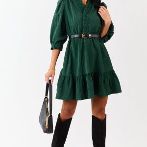 Hunter Green Surplice Neck 3/4 Bubble Sleeve Mini Dress
