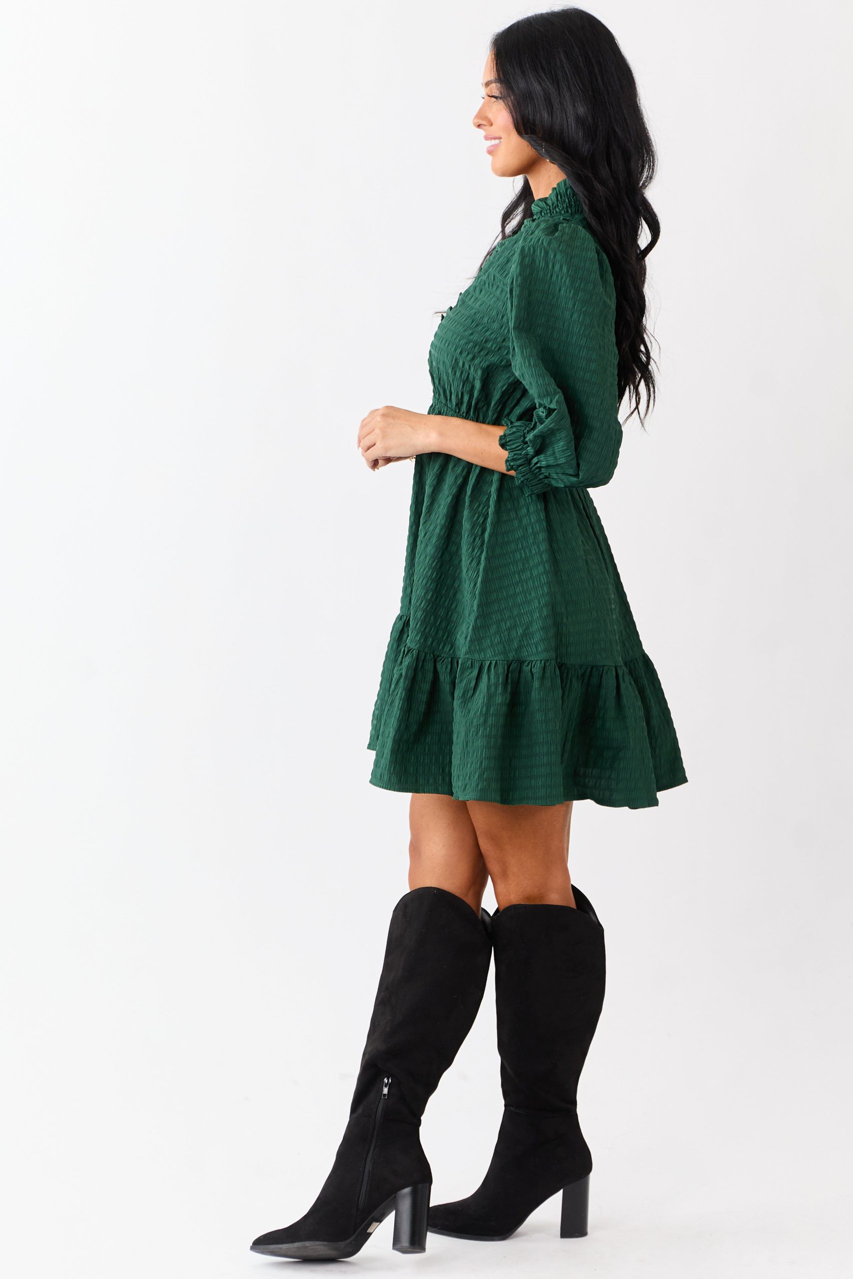 Hunter Green Surplice Neck 3/4 Bubble Sleeve Mini Dress - Image 4