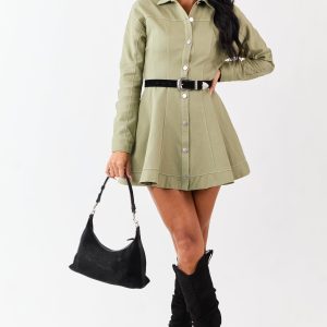 Light Olive Denim Button Down A-Line Mini Dress