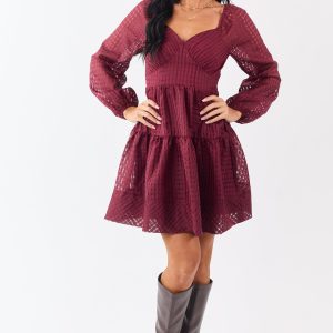 Maroon Grid Pattern Sweetheart Neck Mini Dress